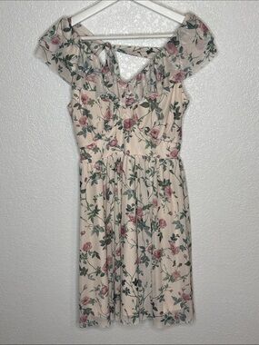 Mohito Pink Wild Roses Mesh Mini Dress Tie Back Size Small Feminine